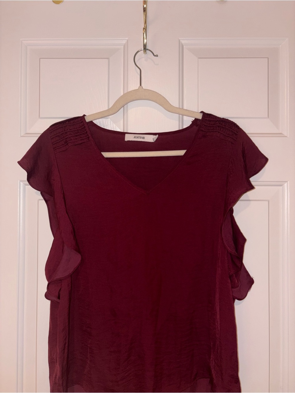 Women's V-Neck Ruffle Sleeve Blouse in Burgundy